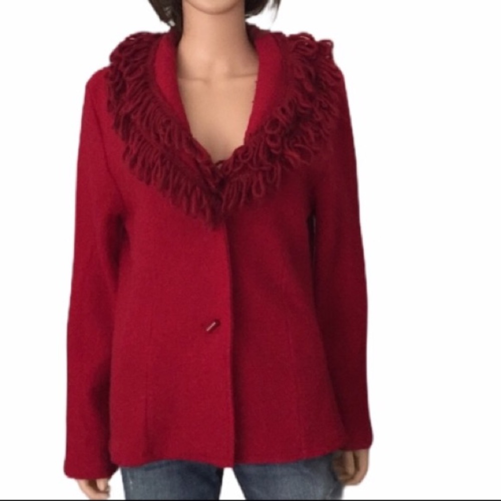 Vintage David Brooks 100% Wool Red Fringe Collar Sweater Jacket Size M